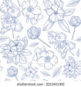 Gravur botanisches Muster. Kräuterbotanik-Muster. Naturblatt. Gravierte Rahmenblüte. Tapete aus Flora. Waldkräuterdekoration, Ornament. Eco-Blumenkunst. Vektorgrafik.  