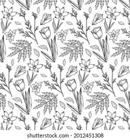 Engraving botanical pattern. Herbal botany pattern. Nature leaf. Engraved outline blossom. Flora wallpaper. Forest herb decorative composition, ornament. Eco floral artwork. Vector illustration.  