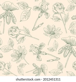 Gravur botanisches Muster. Kräuterbotanik-Muster. Naturblatt. Gravierte Rahmenblüte. Tapete aus Flora. Waldkräuterdekoration, Ornament. Eco-Blumenkunst. Vektorgrafik.  