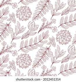 Patrón botánico de grabado. Patrón botánico herbal. Hoja natural. Florecimiento del contorno grabado. Papel pintado de flores. Composición decorativa de hierbas forestales, ornamento. Obra de arte de flores ecológicas. Ilustración vectorial.  