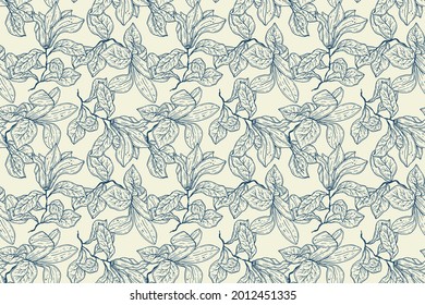Engraving botanical pattern. Herbal botany pattern. Nature leaf. Engraved outline blossom. Flora wallpaper. Forest herb decorative composition, ornament. Eco floral artwork. Vector illustration.  