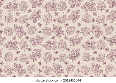 Gravur botanisches Muster. Kräuterbotanik-Muster. Naturblatt. Gravierte Rahmenblüte. Tapete aus Flora. Waldkräuterdekoration, Ornament. Eco-Blumenkunst. Vektorgrafik.  