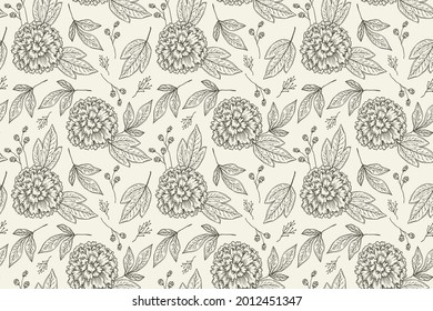 Engraving botanical pattern. Herbal botany pattern. Nature leaf. Engraved outline blossom. Flora wallpaper. Forest herb decorative composition, ornament. Eco floral artwork. Vector illustration.  