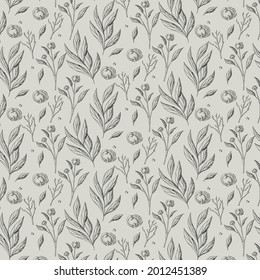Engraving botanical pattern. Herbal botany pattern. Nature leaf. Engraved outline blossom. Flora wallpaper. Forest herb decorative composition, ornament. Eco floral artwork. Vector illustration.  