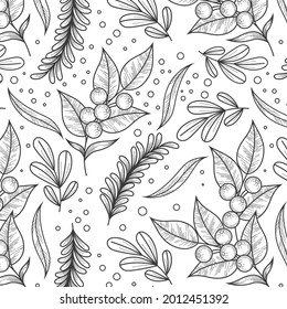 Engraving botanical pattern. Herbal botany pattern. Nature leaf. Engraved outline blossom. Flora wallpaper. Forest herb decorative composition, ornament. Eco floral artwork. Vector illustration.  