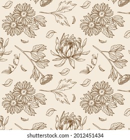 Engraving botanical pattern. Herbal botany pattern. Nature leaf. Engraved outline blossom. Flora wallpaper. Forest herb decorative composition, ornament. Eco floral artwork. Vector illustration.  