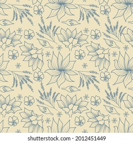 Engraving botanical pattern. Herbal botany pattern. Nature leaf. Engraved outline blossom. Flora wallpaper. Forest herb decorative composition, ornament. Eco floral artwork. Vector illustration.  