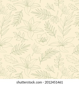 Engraving botanical pattern. Herbal botany pattern. Nature leaf. Engraved outline blossom. Flora wallpaper. Forest herb decorative composition, ornament. Eco floral artwork. Vector illustration.  