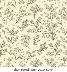 Engraving botanical pattern. Herbal botany pattern. Nature leaf. Engraved outline blossom. Flora wallpaper. Forest herb decorative composition, ornament. Eco floral artwork. Vector illustration.  