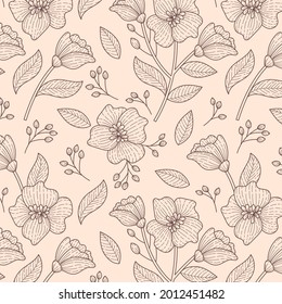 Engraving botanical pattern. Herbal botany pattern. Nature leaf. Engraved outline blossom. Flora wallpaper. Forest herb decorative composition, ornament. Eco floral artwork. Vector illustration.  