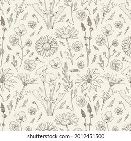 Engraving botanical pattern. Herbal botany pattern. Nature leaf. Engraved outline blossom. Flora wallpaper. Forest herb decorative composition, ornament. Eco floral artwork. Vector illustration.  