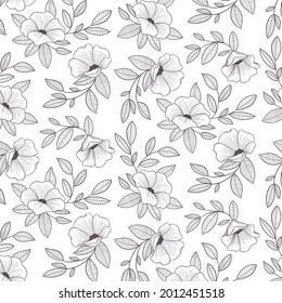 Patrón botánico de grabado. Patrón botánico herbal. Hoja natural. Florecimiento del contorno grabado. Papel pintado de flores. Composición decorativa de hierbas forestales, ornamento. Obra de arte de flores ecológicas. Ilustración vectorial.  
