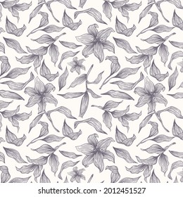 Engraving botanical pattern. Herbal botany pattern. Nature leaf. Engraved outline blossom. Flora wallpaper. Forest herb decorative composition, ornament. Eco floral artwork. Vector illustration.  