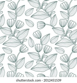 Engraving botanical pattern. Herbal botany pattern. Nature leaf. Engraved outline blossom. Flora wallpaper. Forest herb decorative composition, ornament. Eco floral artwork. Vector illustration.  