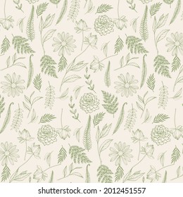 Engraving botanical pattern. Herbal botany pattern. Nature leaf. Engraved outline blossom. Flora wallpaper. Forest herb decorative composition, ornament. Eco floral artwork. Vector illustration.  