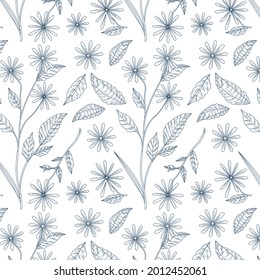 Engraving botanical pattern. Herbal botany pattern. Nature leaf. Engraved outline blossom. Flora wallpaper. Forest herb decorative composition, ornament. Eco floral artwork. Vector illustration.   