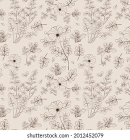 Gravur botanisches Muster. Kräuterbotanik-Muster. Naturblatt. Gravierte Rahmenblüte. Tapete aus Flora. Waldkräuterdekoration, Ornament. Eco-Blumenkunst. Vektorgrafik.   