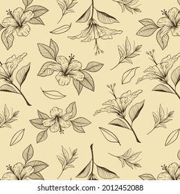 Engraving botanical pattern. Herbal botany pattern. Nature leaf. Engraved outline blossom. Flora wallpaper. Forest herb decorative composition, ornament. Eco floral artwork. Vector illustration.   