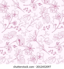 Patrón botánico de grabado. Patrón botánico herbal. Hoja natural. Florecimiento del contorno grabado. Papel pintado de flores. Composición decorativa de hierbas forestales, ornamento. Obra de arte de flores ecológicas. Ilustración vectorial.   