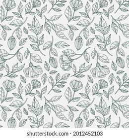 Patrón botánico de grabado. Patrón botánico herbal. Hoja natural. Florecimiento del contorno grabado. Papel pintado de flores. Composición decorativa de hierbas forestales, ornamento. Obra de arte de flores ecológicas. Ilustración vectorial.   