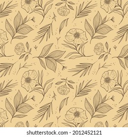 Engraving botanical pattern. Herbal botany pattern. Nature leaf. Engraved outline blossom. Flora wallpaper. Forest herb decorative composition, ornament. Eco floral artwork. Vector illustration.   