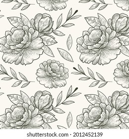 Engraving botanical pattern. Herbal botany pattern. Nature leaf. Engraved outline blossom. Flora wallpaper. Forest herb decorative composition, ornament. Eco floral artwork. Vector illustration.   