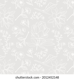 Engraving botanical pattern. Herbal botany pattern. Nature leaf. Engraved outline blossom. Flora wallpaper. Forest herb decorative composition, ornament. Eco floral artwork. Vector illustration.   