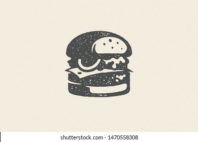 Engraving burger silhouette with texture hand drawn style effect vector illustration. Hamburger logo for fast food packaging and restaurant menu decoration.