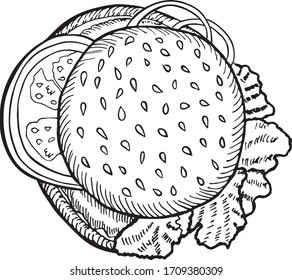 engraving burger vector drawing top view