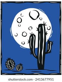 Engraving of cactus on a full moon night. Woodcut vector