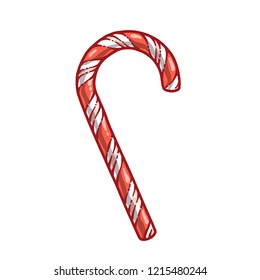 Engraving candy cane. Hand draw vintage illustration isolated on white background. Traditional Christmas decoration symbol for greeting card, textile, banner and website.