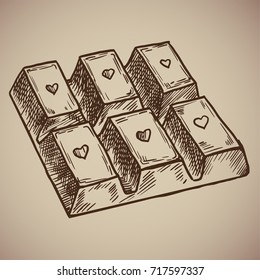 Engraving chocolate bar. Delicious and sweet chocolate with a heart on each cell. Engraving menu for the restaurant. Vector illustration. EPS 10.