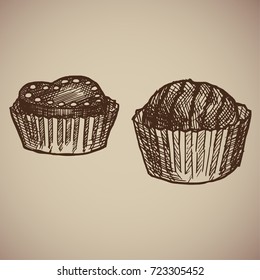 Engraving chocolate candies. Two delicious sweets in a wrapper. Compliment to tea. Engraving menu for the restaurant. Vector illustration.