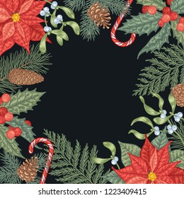 Engraving Christmas background with traditional decorations. Vector botanical card with detailed holly berry, spruce, mistletoe, pine cone, poinsettia.