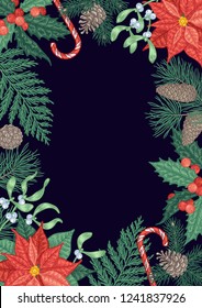 Engraving Christmas background with winter plants and berries. Vector botanical card with detailed holly berry, spruce, mistletoe, pine cone, poinsettia.