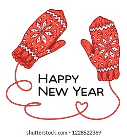 Engraving Christmas card with knitted mittens. Vector sketch illustration for greeting card, banner, website and holiday decor