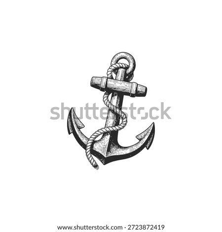 Engraving of Classic Ship Anchor with Rope.