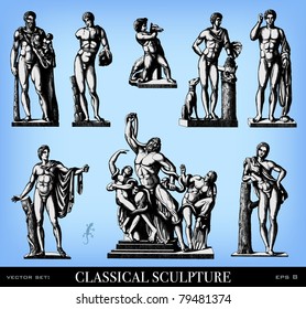 Engraving classical sculpture set from "The Complete encyclopedia of illustrations" containing the original illustrations of The iconographic encyclopedia of science, literature and art, 1851. Vector.