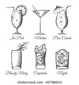 Engraving cocktails. Alcoholic cocktails hand drawn sketch vector