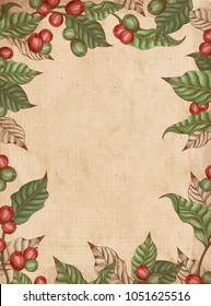 Engraving coffee plants frame, vintage decorative background with leaves and coffee cherries Engraving coffee plants frame, vintage decorative background with leaves and coffee cherries