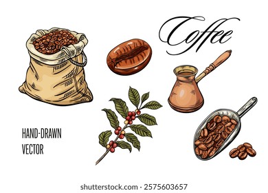 Engraving, coffee sketch, vector illustration in color. Coffee bag, beans, branch, coffee turk