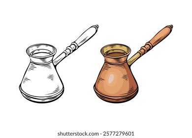 Engraving, coffee turk, vector illustration in color and line sketch