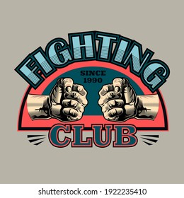 Engraving colored emblem with two fists. Colorful design elements with fighter hands in punches and text. Sport activity or martial arts concept for fighting club stamp, label, sign template