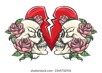 Tatuaje coloreado grabado de dos cráneos en rosas y corazón roto aislado en blanco. Ilustración del vector