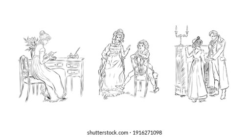 engraving coloring book with vintage people