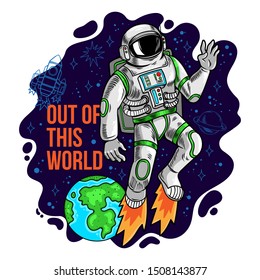Engraving cool dude in space suit astronaut spaceman flying out of this world in space between stars planets galaxies. Cartoon comics pop art for print design t-shirt apparel tee poster for children.