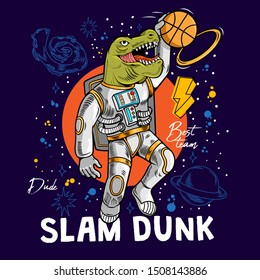 Engraving cool dude in space suit super dino t-rex play basketball and make slam dunk between stars planets galaxies. Cartoon comics pop art for print design t-shirt apparel tee poster for children.