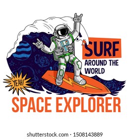 Engraving cool dude in space suit surfer astronaut spaceman catch the cosmic wave on space surfboard surfing between stars planets galaxies Cartoon comics pop art for print design t shirt apparel