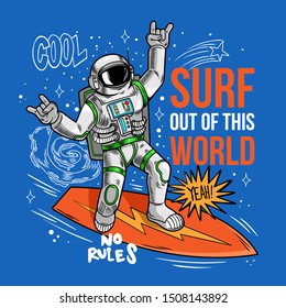 Engraving cool dude in space suit surfer astronaut spaceman catch the space wave on surfboard, surfing between stars planets galaxies. Cartoon comics cosmic pop art for print design t shirt apparel.