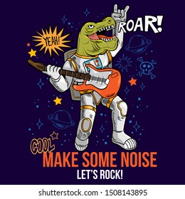 Engraving cool dude in space suit rock star dino t-rex play rock music on electric guitar between stars planets galaxies. Cartoon comics pop art for print design t-shirt apparel poster for children.